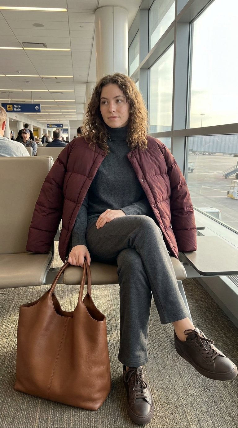 12 Puffer Jacket Airport Outfits for Cold Weather Flights