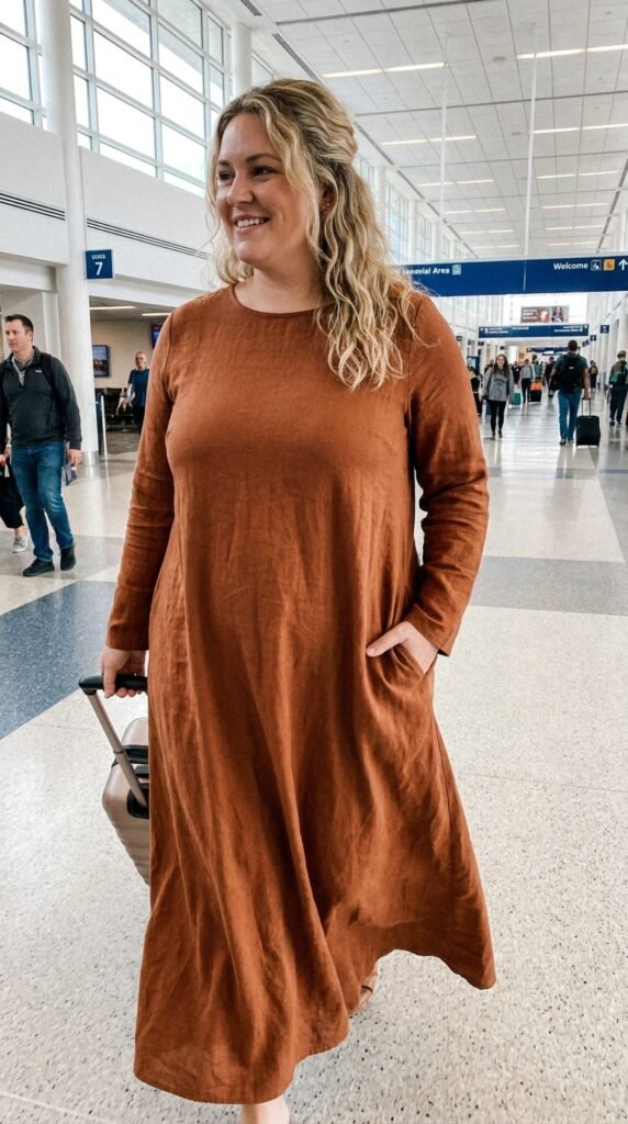 Woman walking through an airport terminal in a travel outfit