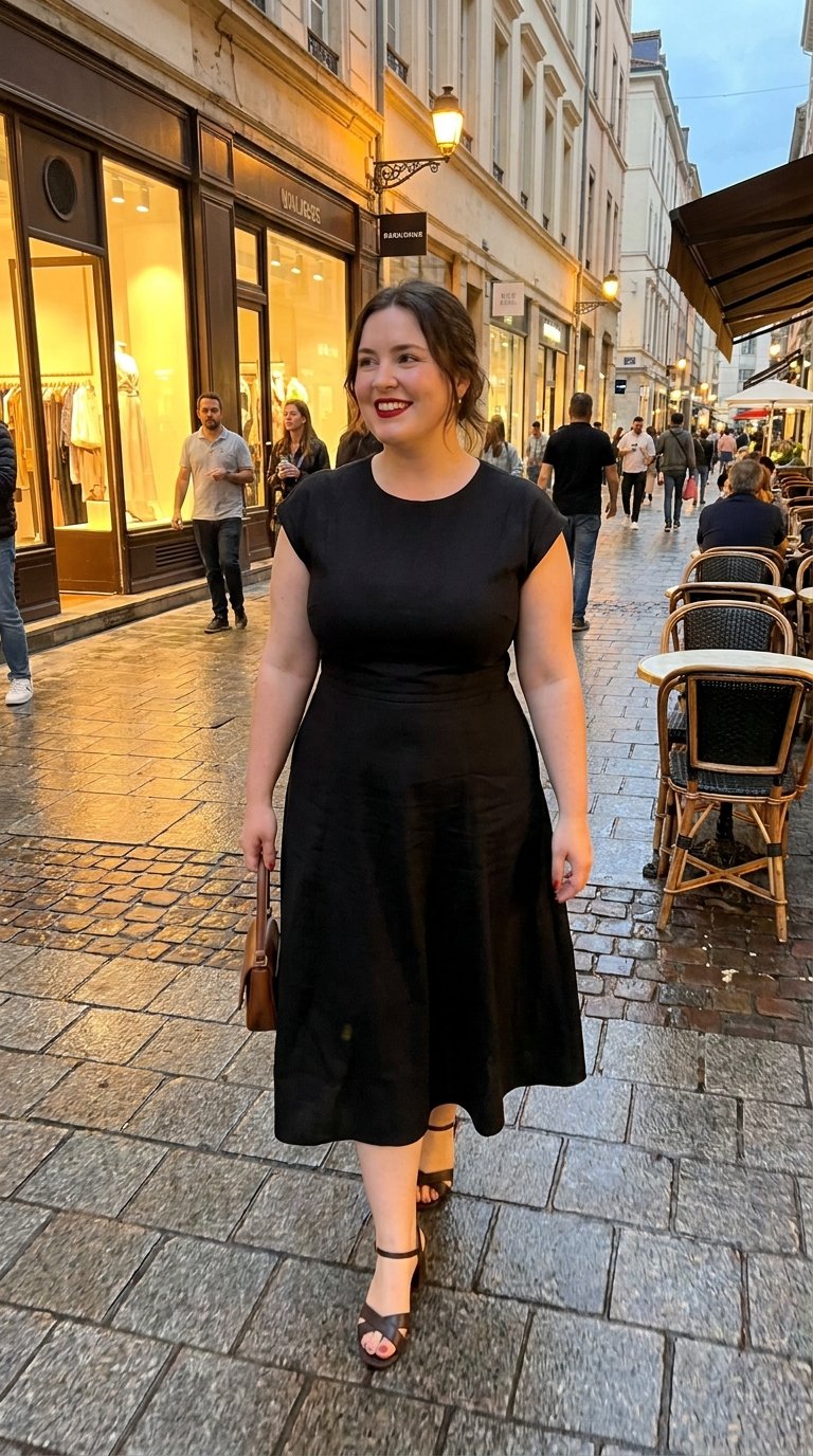 Woman wearing a black midi dress