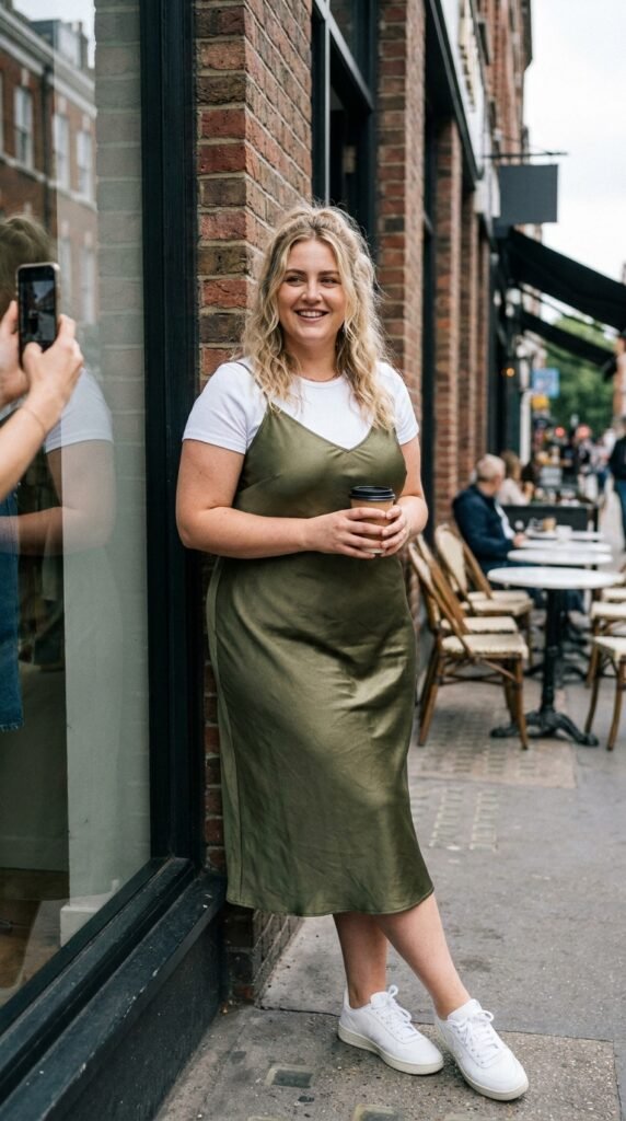 Woman wearing a slip dress with a layered top